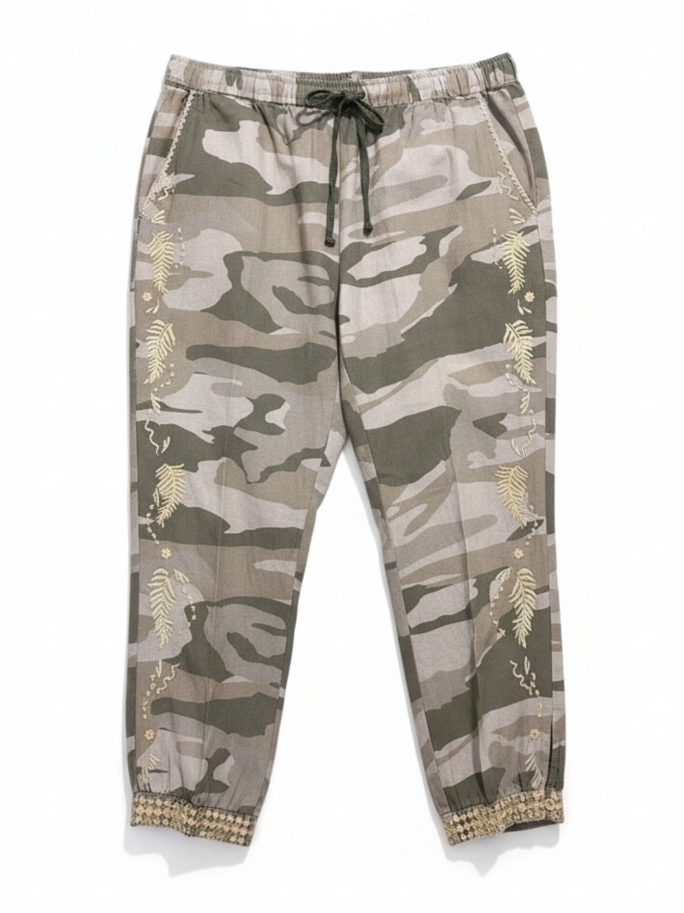 Johnny Was Los Angeles Linen Camo Embroidered Pull-On Joggers Size Large